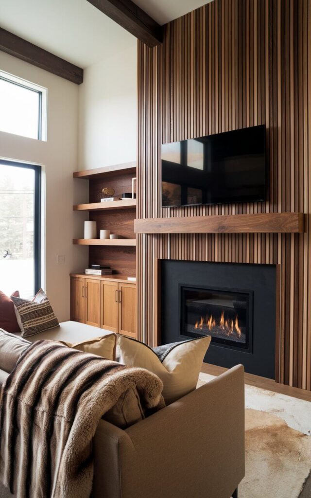 A vertical wood slat fireplace makeover has been added to a contemporary space. The rich, natural wood slats extend from the mantel to the ceiling, drawing the eye upward and adding architectural interest. A television is on top of the mantel. The black firebox creates a bold contrast. A very cozy sofa in earthy tones is positioned in front of the fireplace, styled with layered throw pillows and a faux fur blanket. The warm firelight enhances the rich tones of the wood, creating a cozy yet stylish retreat.