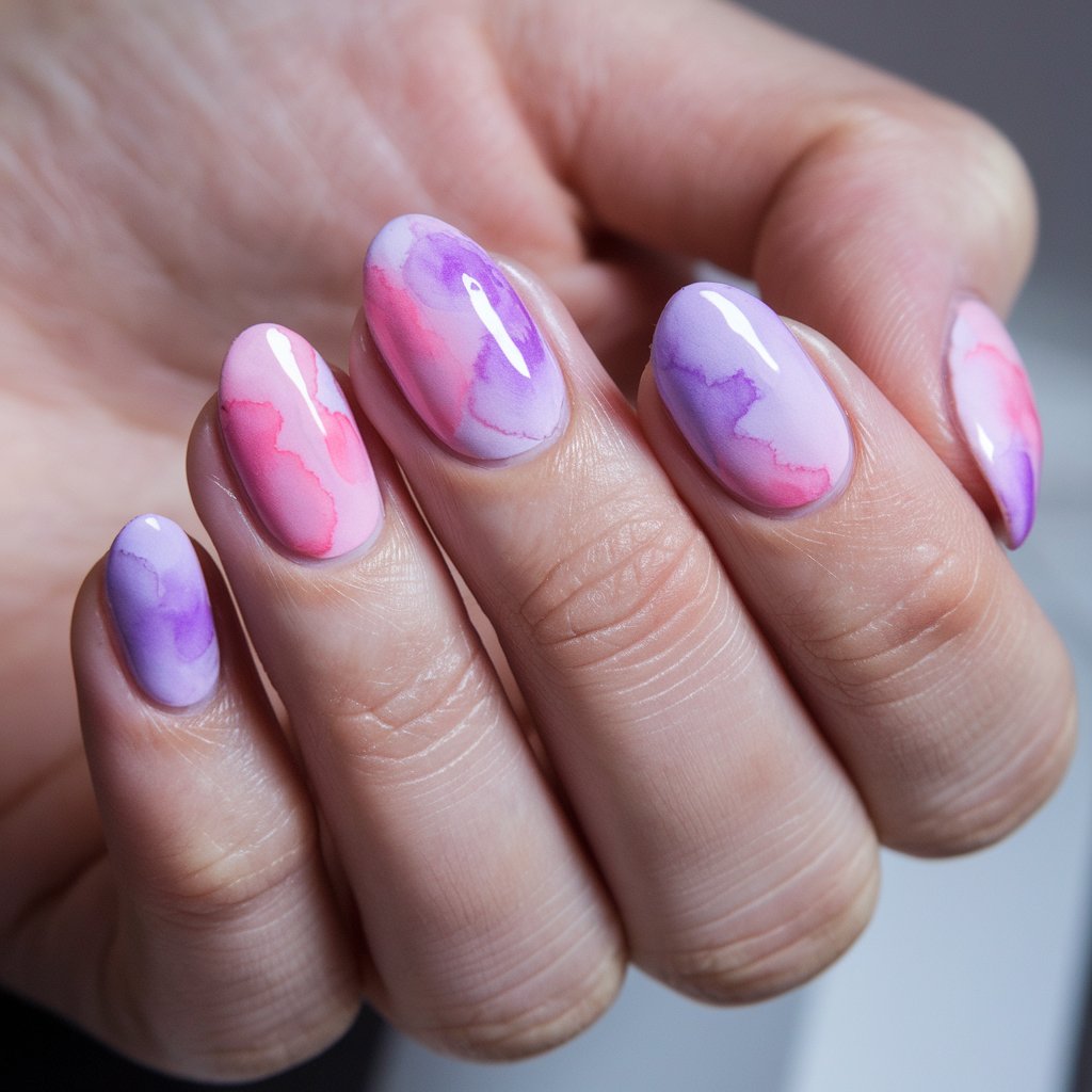 A photo of a well-moisturized woman's hand with five fingers adorned with a delicate watercolor-inspired nail design in soft pink and purple hues. The translucent layers blend seamlessly, creating an artistic, hand-painted effect. The glossy top coat enhances the depth of the colors, reflecting the natural background lighting. The nails are shaped into a graceful oval, while the radiant, hydrated skin accentuates the elegant and dreamy aesthetic of the purple and pink nails.