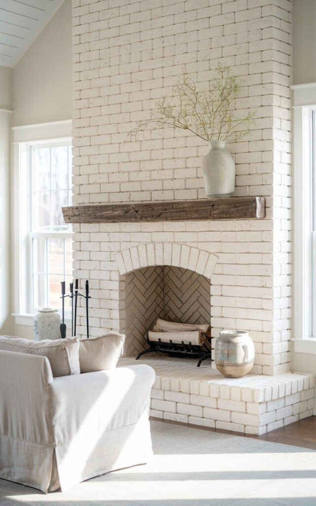 A photo of a bright and airy living room with a modern farmhouse charm. In the center of the room, there is a beautifully minimalist whitewashed brick fireplace with a rustic wooden mantel. The mantel holds a ceramic vase and delicate greenery. There is a cozy sofa upholstered in soft linen near the fireplace. The room has soft natural light streaming through nearby windows.