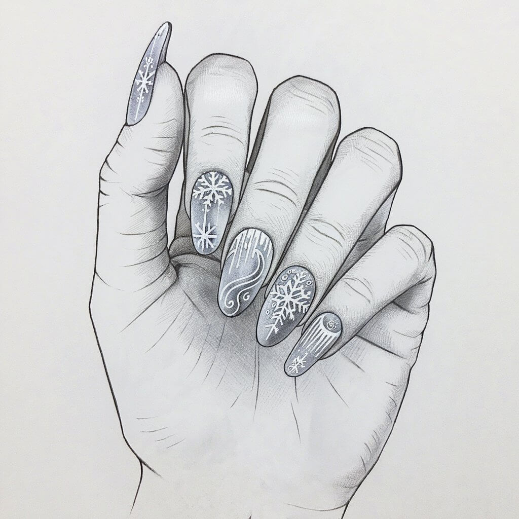 A pencil drawing illustration of a woman's hand with winter-inspired nail art. The nails are shaped into soft, rounded tips and feature intricate snowflakes, swirling frost patterns, and delicate icicles. The fingers are positioned slightly bent. The drawing is minimalist and has a plain white background.