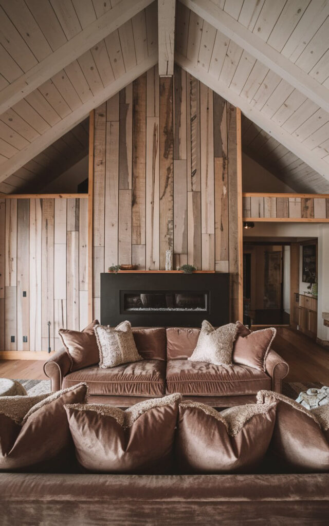 A photo of a charming vaulted ceiling living room with wooden plank paneling. The room has a cozy, cabin-like ambiance with a sleek black fireplace. There is a very cozy sofa in soft taupe fabric adorned with plush throw pillows. The natural wood grain adds warmth and texture to the space.