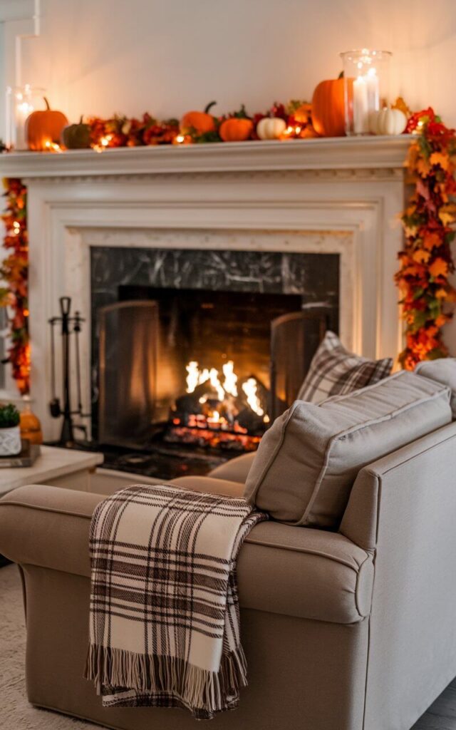 A photo of a living room with a mantel fireplace. The mantel is decorated with an autumnal garland, pumpkin accents, and warm candlelight. There is a cozy sofa in a neutral taupe color near the fireplace. The sofa has a plaid throw draped over its soft cushions. The flickering fire in the fireplace enhances the seasonal ambiance, making the space feel timelessly inviting.