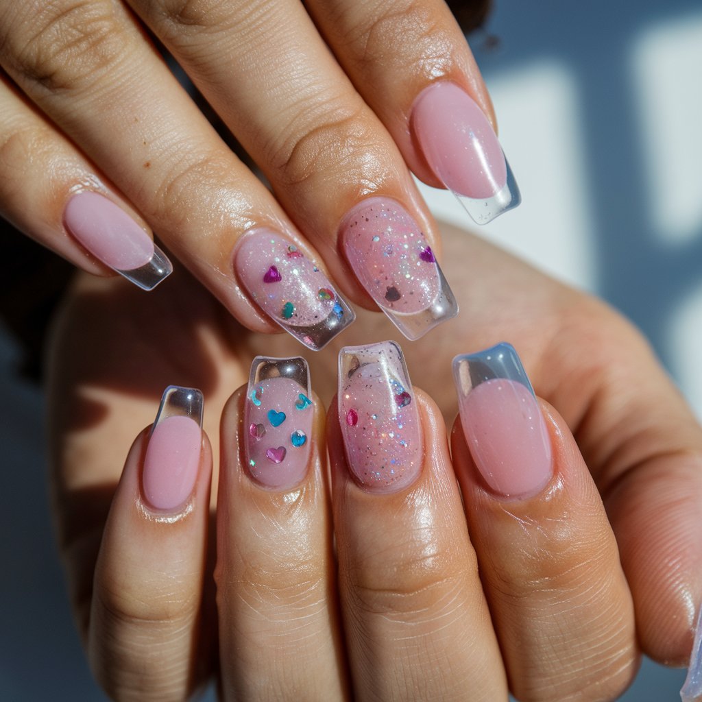 A close-up of a woman's hand with five fingers adorned with 3D jelly birthday nails. The translucent, candy-colored nails come in soft pink, blue, and lilac, with a glossy, glass-like finish. Some nails feature tiny floating glitter or embedded 3D charms, such as tiny hearts or stars, for a playful effect. The fingers are slightly curled to enhance the light-catching jelly effect. Natural background lighting enhances the translucent shine, making the nails appear fun and youthful. A smooth, high-gloss top coat adds the final touch, ensuring these nails look fresh and vibrant for a birthday celebration.