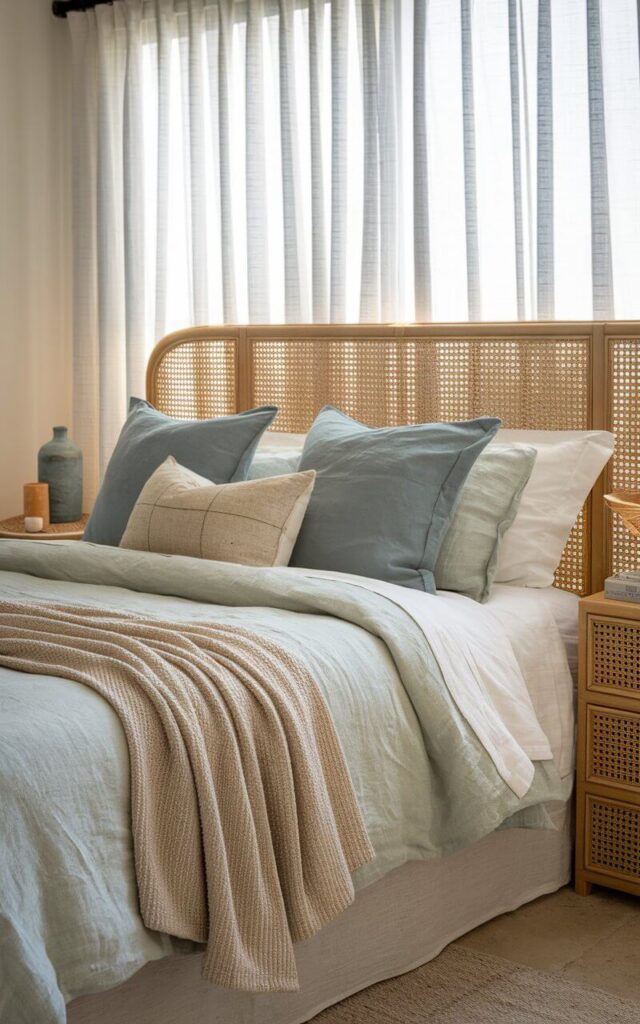 A photo of a serene coastal bedroom with a well-decluttered space. The room features a cozy headboard bed layered with lightweight linen sheets, a loosely draped cotton throw, and plush pillows in muted shades of blue and beige. The light, airy fabrics create a comfortable and breathable sleep environment. A woven headboard and matching rattan bedside tables add texture. The light from a window with sheer white curtains filters in, illuminating the space with a warm, inviting glow. The tranquil coastal aesthetic is enhanced by the warm sunlight and the serene ambiance.