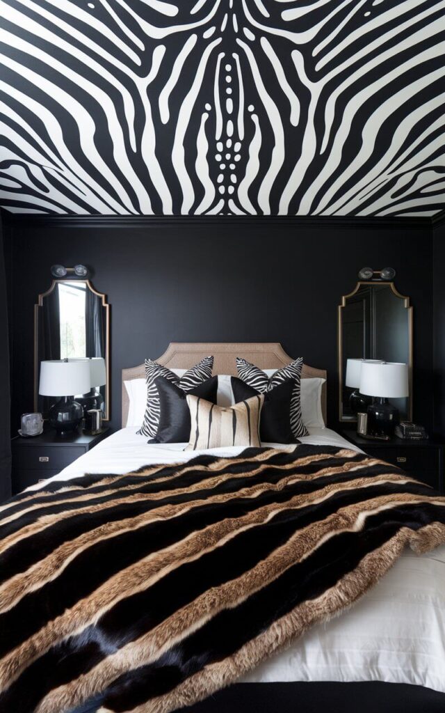 A close-up view of a ceiling wallpaper with a bold zebra print in black and white. The pattern is sharp and dynamic, adding a sense of wild energy to the space. Below, a very cozy bed with a luxurious faux-fur throw in deep charcoal enhances the safari-chic theme.