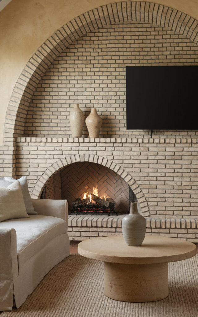 A photo of a cozy Mediterranean-inspired living space with an elegant arched brick fireplace. A soft linen fabric sofa faces the fireplace, complementing the warm, earthy tones of the brick. The arch creates a focal point, drawing attention to the flickering fire within. Above the mantel, an oversized large black television, and a collection of three ceramic vases add an artistic touch. A round wooden beige coffee table with a vase sits atop a textured area rug, completing the cozy yet sophisticated atmosphere.