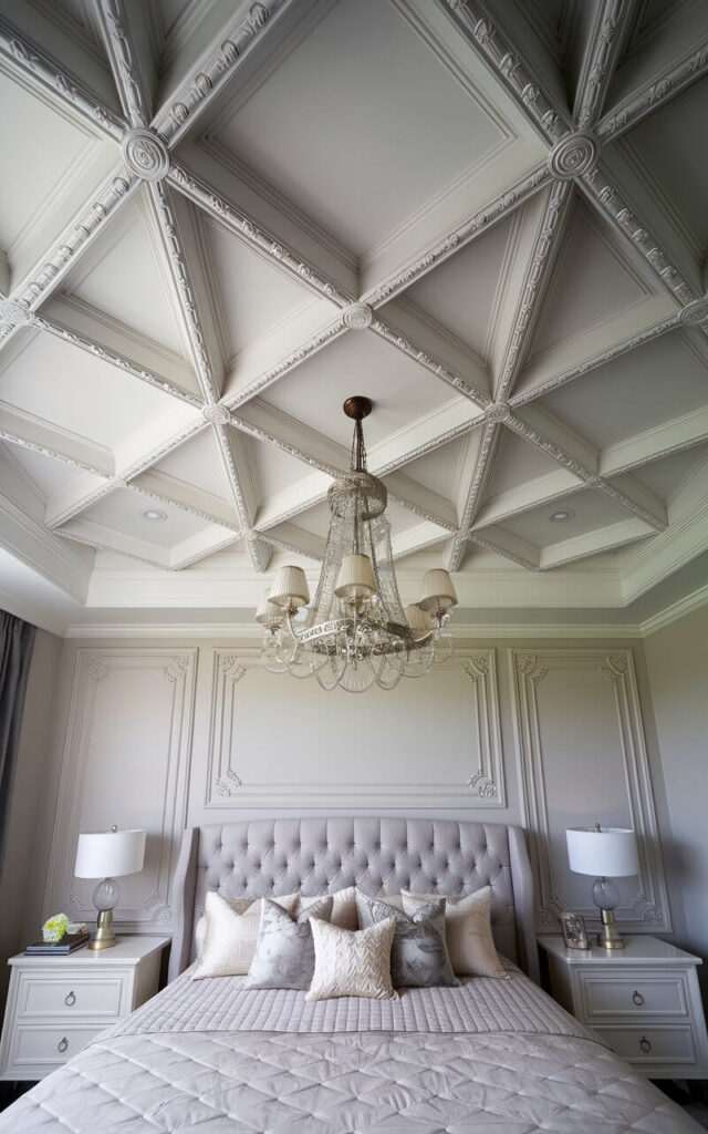 A close-up view of ceiling wallpaper designed to mimic intricate coffered ceilings, featuring realistic three-dimensional details. The shadows and highlights create a stunning illusion of depth. Below, a very cozy bed with a tufted headboard in soft gray sits beneath an ornate chandelier, reinforcing the elegant architectural effect.