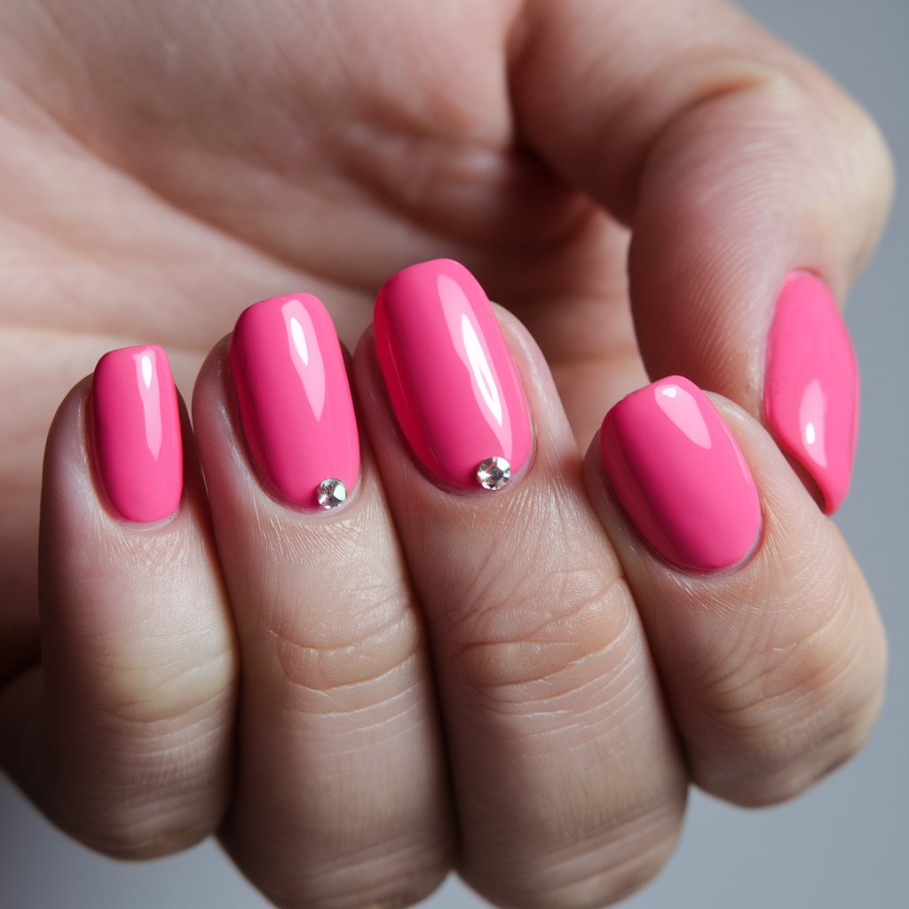 A close-up photo of a woman's hand with five nails painted in a bright pink hue. Each nail has a glossy finish and features a small rhinestone near the cuticle. The nails are slightly curled inward. The background is neutral and allows the nails to stand out.