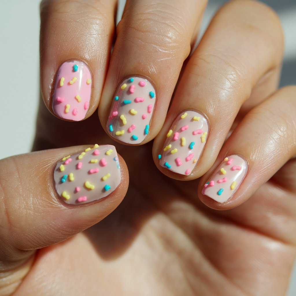 A close-up of a well-moisturized woman's hand highlights five fingers featuring birthday cake sprinkle nails. The nails have a soft pink or nude base with tiny, colorful specks in pastel shades, resembling classic funfetti cake sprinkles. The vibrant dots are randomly scattered, adding a playful and celebratory touch. The fingers are slightly bent to showcase the full effect of the design. Natural background lighting enhances the bright, cheerful colors, making the manicure appear fresh and lively. The glossy top coat ensures a smooth, polished look, perfect for a fun and festive birthday celebration.