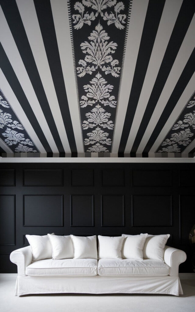 A photo of a close-up view of a ceiling wallpaper with a black-and-white print, featuring bold stripes and intricate damask elements for a timeless, high-contrast look. Below, a very cozy sofa in pure white sits against a sleek black accent wall, creating a dramatic yet balanced aesthetic. The monochrome palette is enhanced by modern decor elements, making the space feel sophisticated and visually dynamic.