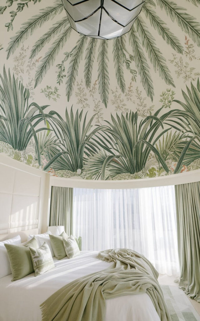 A close-up view of a high ceiling wallpaper adorned with lush botanical patterns. The wallpaper features detailed green palm leaves and delicate floral accents on a creamy background. Above, a very large modern lighting fixture hangs from the ceiling. The vibrant yet soothing design brings a tropical feel to the room. Below, a very cozy bed dressed in crisp white linens and soft sage green throws complements the ceiling's natural theme. Sunlight filters through sheer curtains, casting dappled shadows that enhance the fresh, airy ambiance.