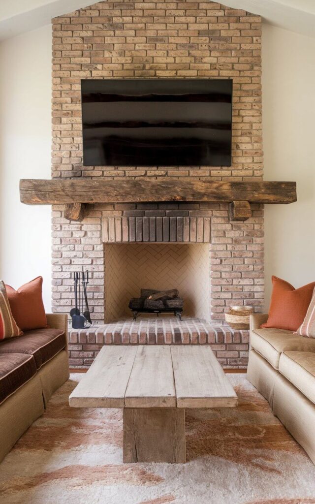 A cozy living room with a rustic wooden beam mantel atop a striking brick fireplace. A deep, plush sofa with earth-toned cushions faces the fireplace. Above the sofa, a large television serves as a decorative focal point. Beneath the sofa, a plain distressed wooden coffee table sits on a soft, earth-toned rug.