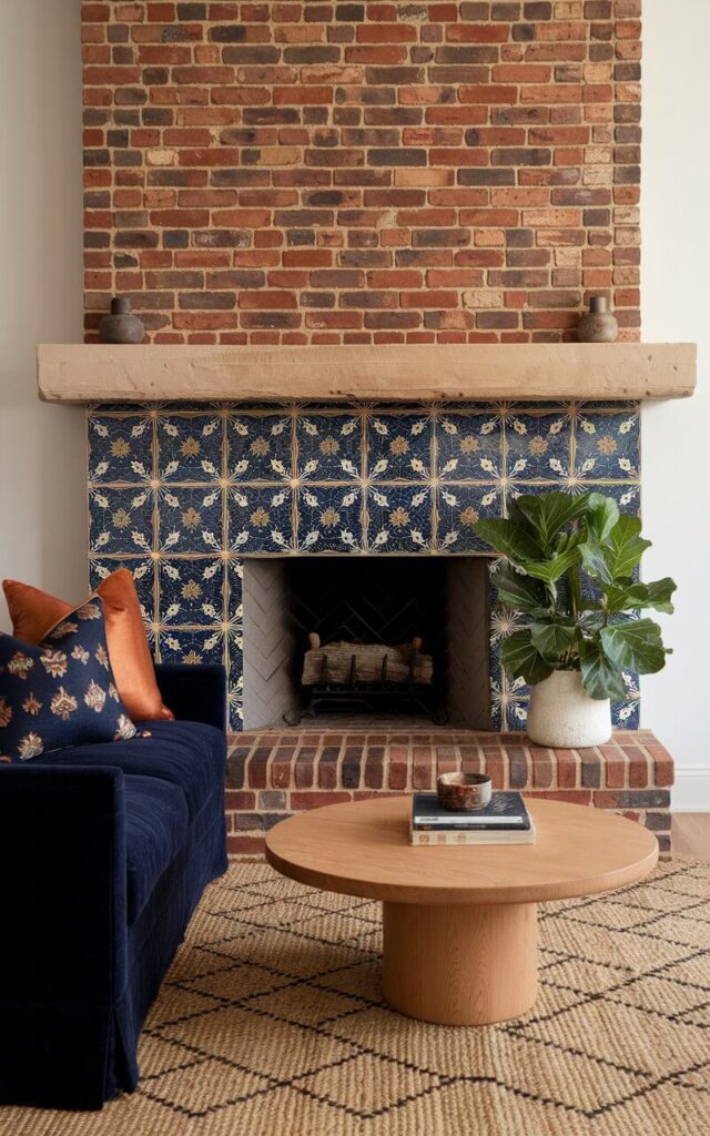 A living room with a striking brick fireplace. The fireplace is framed by bold, patterned tiles in shades of deep blue and white, adding an unexpected yet elegant contrast. The brickwork remains exposed above the firebox, preserving its rustic charm, while the tiled surround introduces a touch of global influence. A very cozy sofa faces the fireplace, wrapped in a rich navy fabric with embroidered throw pillows in complementing tones. A round wooden coffee table sits atop a woven area rug, while a fiddle-leaf fig plant adds a fresh, organic element. The overall effect is a perfect balance of classic brick and modern design.