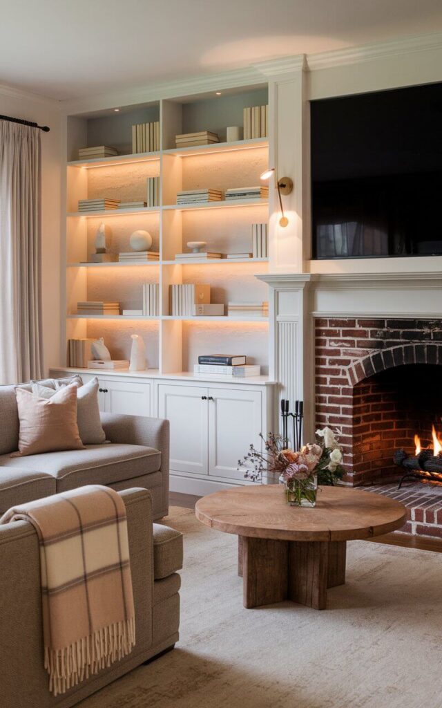 A cozy living room with a classic brick fireplace flanked by built-in white bookshelves. There's a sofa facing the fireplace, with a soft wool throw draped over the armrest. The shelves are filled with a mix of plain pastel color books, minimalist decorative sculptures, and warm ambient lighting from stylish sconces. Above the mantel, an oversized plain large black television. A rustic round wooden coffee table sits in the center, holding a vase of flowers. The soft flickering glow from the fireplace enhances the inviting charm of this intimate, literary-inspired setting.