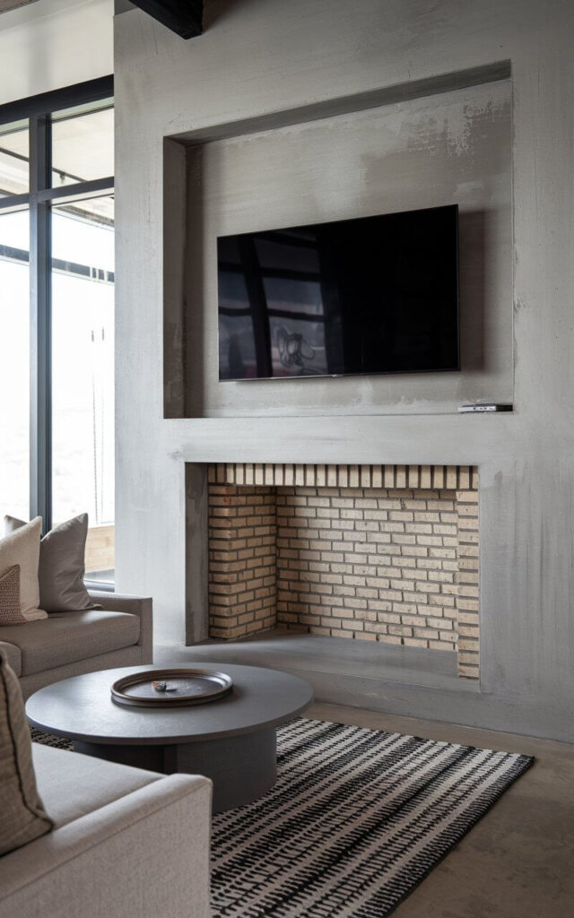 A photo of a living room with a sleek, contemporary concrete surround framing a classic brick fireplace. The room has an industrial and modern aesthetic. There's a cozy sofa facing the fireplace, adorned with stylish, neutral-toned throw pillows. The smooth gray concrete contrasts beautifully with the rugged texture of the bricks. Above the mantel, a minimalistic large black television adds a sophisticated touch. A round gray coffee table sits atop a monochrome-patterned rug. Floor-to-ceiling windows allow natural light to highlight the fireplace's clean, structured look.