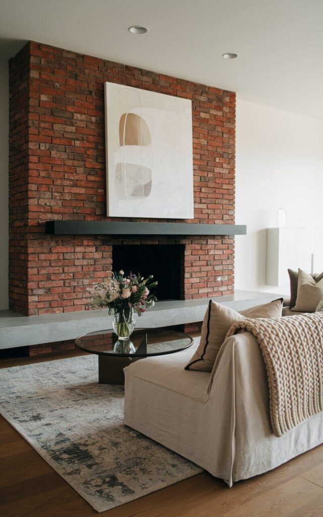 A modern living room with a sleek floating concrete hearth paired with a striking brick fireplace. The rich red and brown tones of the exposed brick add warmth, while the smooth, gray concrete extends outward, providing a functional and stylish seating area. Above the fireplace, a minimalist black mantel holds an oversized large abstract painting. A very cozy sofa faces the fireplace, its deep cushions covered in a soft, neutral fabric with a chunky knit blanket draped over the back. A round glass coffee table with a vase of flowers rests on a textured area rug, adding a touch of refinement to the modern-rustic space.