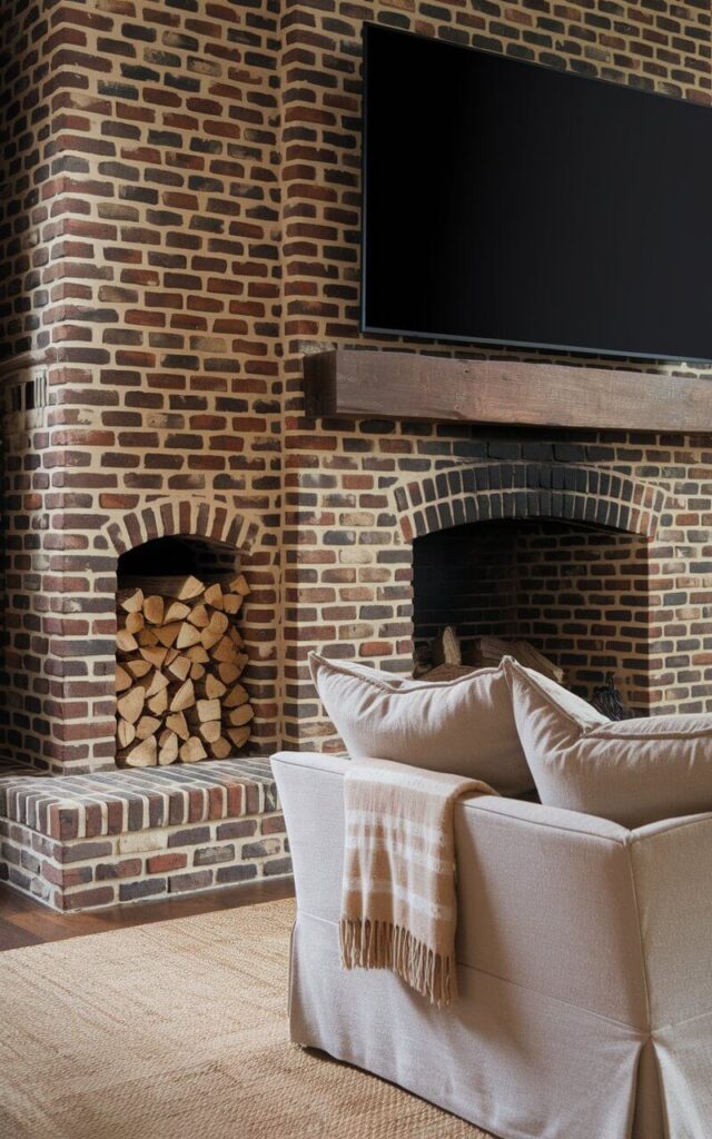 A photo of a living room with a grand brick fireplace. The fireplace has a built-in firewood storage with neatly stacked logs in a recessed niche to the side. The classic red brick extends from floor to ceiling. Above the fireplace, there's a thick wooden mantel and an oversized large black television. A cozy sofa with soft, oversized cushions covered in a light beige fabric faces the fireplace. A fringed throw blanket is draped casually over the side of the sofa. A woven area rug adds depth to the room. Soft ambient lighting highlights the textures of brick, wood, and fabric.