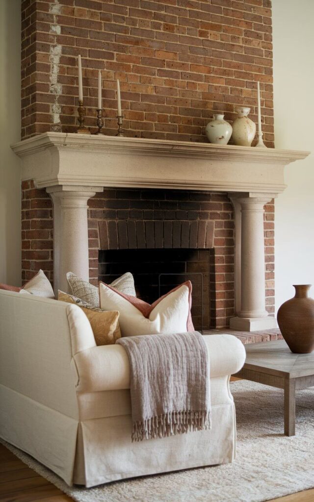 A room with a stately brick fireplace crowned with a thick limestone mantel. The mantel has a smooth, pale surface that contrasts beautifully against the rich red brick backdrop. The mantel's substantial weight and refined finish add a sense of grandeur, supporting elegant décor like vintage candlesticks and delicate three porcelain vases. A cozy sofa faces the fireplace, its cream-colored fabric draped with a linen throw and adorned with soft, neutral-toned pillows. A wooden coffee table sits nearby, holding a large brown vase, while a plush area rug ties the room together, creating an atmosphere of effortless sophistication.