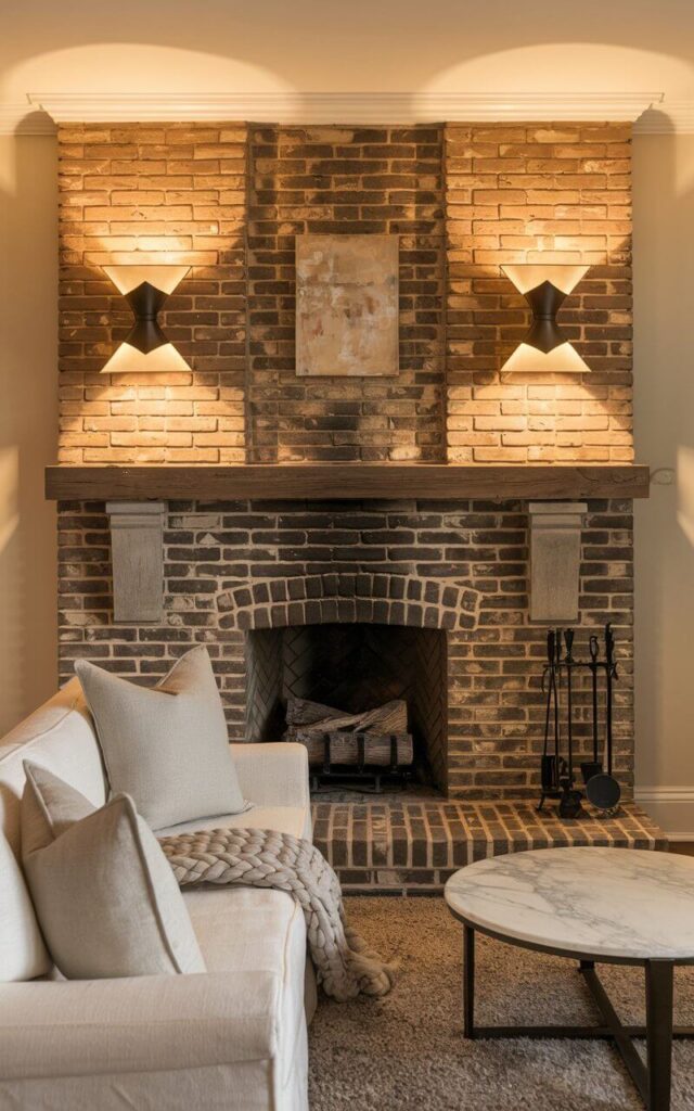 A photo of a living room with a classic brick fireplace. The fireplace is beautifully flanked by two elegant modern wall sconces, casting a warm, ambient glow over the exposed brick. The soft lighting enhances the texture of the brick, creating a cozy yet refined atmosphere. A sturdy wooden mantel stretches across the fireplace, adorned with an oversized wall painting. A very cozy sofa faces the fireplace, its soft cushions wrapped in ivory linen, complemented by a chunky knit throw. A round coffee table with a marble top sits on a plush wool rug, completing the inviting, well-lit space.