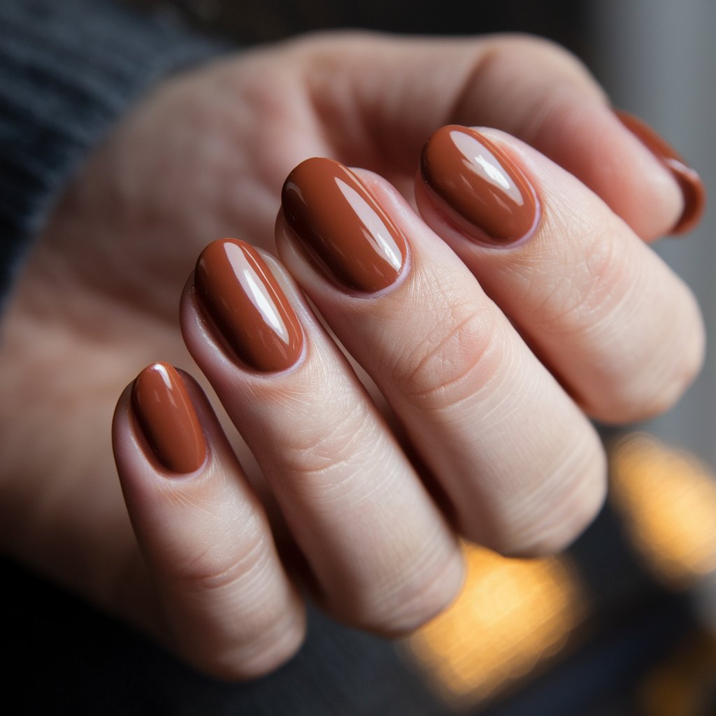 A photo of a woman's hand with five fingers coated in a deep, burnt orange shade, exuding warmth and sophistication. The nails are oval-shaped with a glossy top coat that catches the natural background lighting, creating a subtle shine. The rich, earthy hue is perfect for autumn, beautifully complementing the woman's skin tone. The fingers are slightly curled, emphasizing the smooth, even polish application. A softly blurred background with hints of golden sunlight enhances the cozy, seasonal feel of the manicure.