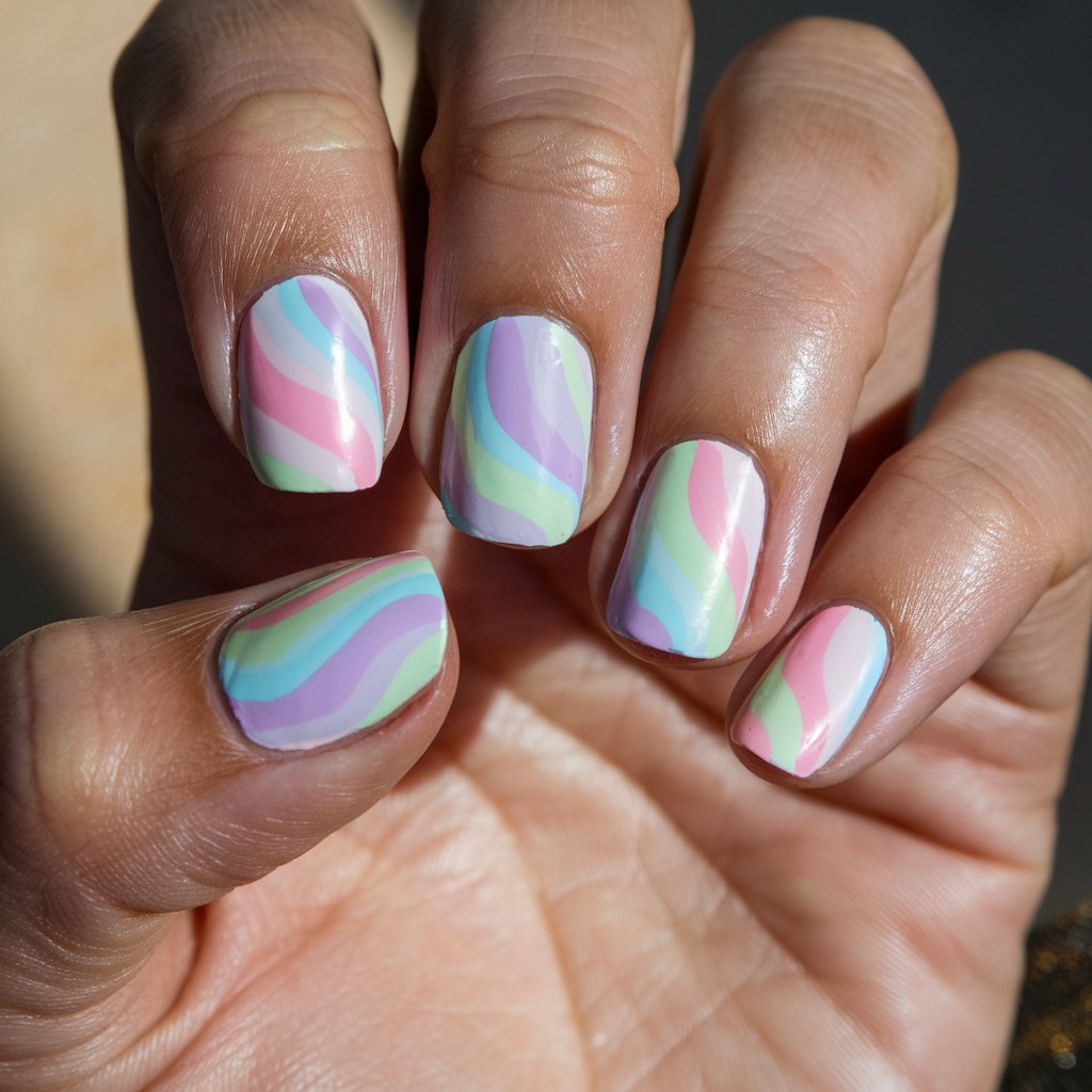 A photo of a close-up of a well-moisturized woman's hand showcasing five fingers with a candy-colored swirl birthday nail design. Each nail is adorned with fluid, wavy lines in pastel shades of pink, lavender, sky blue, and mint green, creating a playful and whimsical effect. The fingers are gently curled, allowing the swirls to be fully visible. The hand is placed on a natural background, and the nails have a glossy finish.