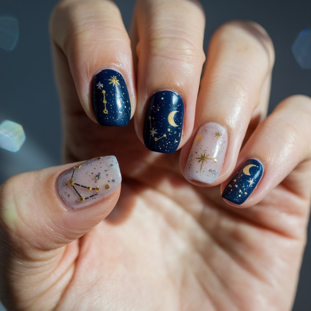 A close-up shot of a well-moisturized woman's hand displaying five celestial-themed birthday nails. The nails are painted on a deep navy background, representing a night sky. The nails are adorned with delicate gold and silver stars, moons, and tiny constellations. Some nails feature tiny specks of glitter, mimicking a sparkling galaxy. The hand is posed elegantly, allowing the celestial details to be fully appreciated. Natural background lighting softly enhances the shimmer of the stars and the glossy top coat, creating a dreamy, mystical effect. The overall design is perfect for astrology lovers or those who love cosmic beauty.