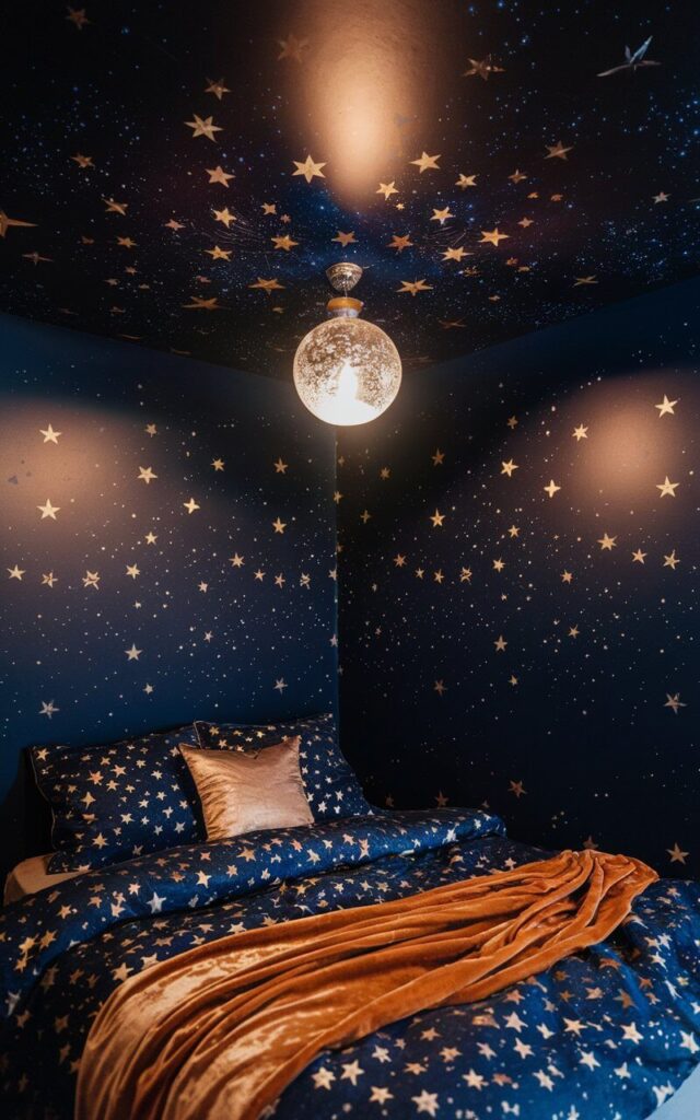 A photo of a cozy room with a celestial night sky wallpapered ceiling. The ceiling is adorned with gold and silver metallic stars scattered across a deep navy background. Below, a bed with celestial-themed bedding and a luxurious velvet throw is placed. A statement pendant light, resembling a moon, softly glows, casting enchanting reflections across the wallpaper's starry expanse. The room has a dreamy, otherworldly ambiance.