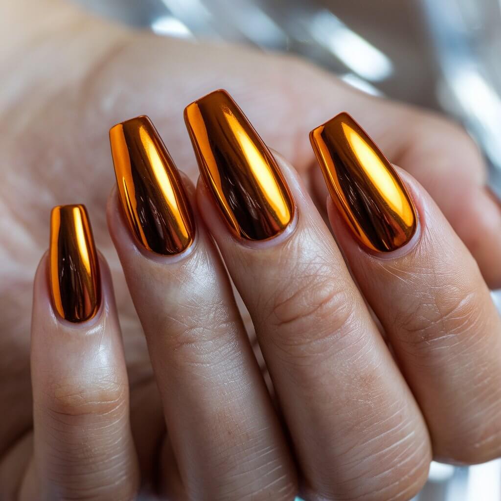 A close-up of a well-moisturized woman's hand captures five fingers adorned with striking chrome orange nails. The metallic finish creates a reflective, mirror-like effect, catching the natural background lighting and producing an almost liquid-metal glow. The nails are coffin-shaped, enhancing the futuristic aesthetic. The fingers are slightly curled, allowing the light to bounce off different angles, highlighting the smooth, high-shine surface. The blurred background features soft, neutral tones, ensuring the chrome effect remains the center of attention.