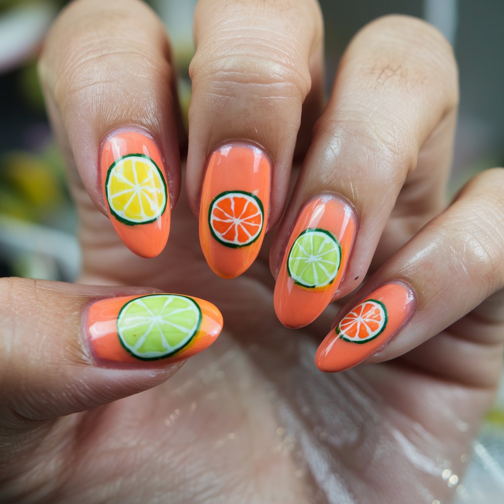 A photo of a well-moisturized woman's hand with five fingers featuring playful citrus slice nail art. The nails are almond-shaped with a glossy, tangerine base, complemented by hand-painted lemon, orange, and lime slices. The vibrant fruit accents add a fresh, zesty touch, making the manicure perfect for summer. Natural background lighting enhances the juicy appearance, while the glossy top coat reflects light beautifully. The fingers are slightly fanned out, allowing each citrus detail to be fully appreciated. A softly blurred background with hints of green enhances the refreshing theme.