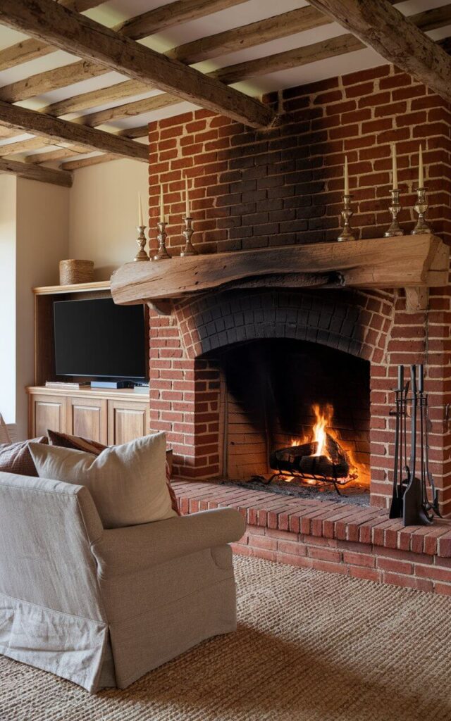 A photo of a rustic-style living room with a traditional red brick fireplace. The fireplace has a thick reclaimed wood mantel and holds antique candle holders. In front of the fireplace, there's a cozy sofa with linen upholstery. On top of the mantel, there's a television. The room has a soft, woven area rug and exposed wooden ceiling beams. A crackling fire is inside the brick fireplace, completing the cozy and nostalgic atmosphere.