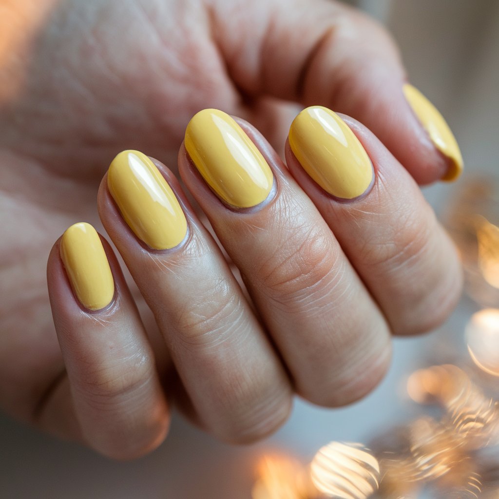 A close-up shot of a well-moisturized woman's hand with five medium-length, slightly rounded, and evenly shaped sunflower yellow nails. The nails have a high-gloss finish that reflects the soft, natural background lighting. The skin appears smooth, and the cuticles are well-groomed, adding to the manicure's neat, polished appearance. The background is softly blurred, with hints of warm tones that complement the sunny hue of the nails. The gentle light creates a luminous effect, subtly highlighting the curves of each nail and the healthy glow of the skin.