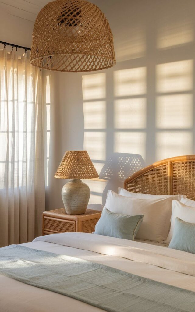 A photo of a coastal bedroom with a woven rattan pendant light casting soft, dappled patterns on the walls. The room has a cozy bed with crisp white linens and light blue accents. There is a rattan headboard and wicker nightstands. A ceramic lamp with a rattan shade sits atop one of the nightstands. The room has a window with sheer curtains, allowing soft light to filter in. The overall ambiance is warm, beachy, and relaxing.