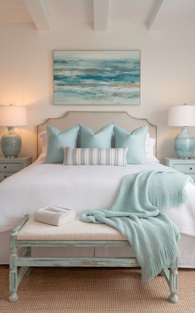 A photo of a tranquil coastal bedroom filled with soft blue and aqua accents, evoking the beauty of the ocean. The centerpiece is a very cozy bed, dressed in breathable white linen with delicate aqua and teal throw pillows. A light blue knitted throw drapes across the foot of the bed, adding warmth and texture. Matching bedside lamps with seafoam-colored ceramic bases softly illuminate the space. Above the headboard, abstract ocean artwork ties in the calming hues. A distressed blue wooden bench sits at the foot of the bed, complementing the serene, beachy atmosphere of this relaxing retreat.