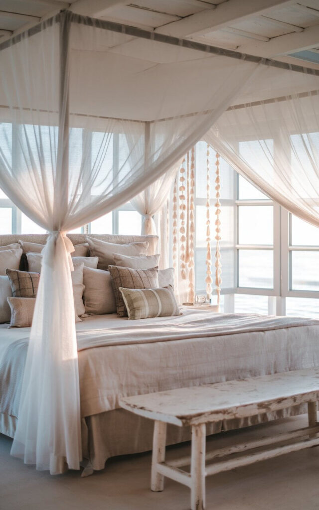 A photo of an ethereal coastal bedroom with a headboard bed draped with sheer white mosquito netting. The bed is layered with airy linen sheets and ocean-hued pillows. The room has a whitewashed wooden bench at the foot of the bed and delicate seashell garlands hanging nearby. The large open windows allow sunlight to filter in, casting a warm glow over the room. The overall atmosphere is dreamy, romantic, and tranquil.