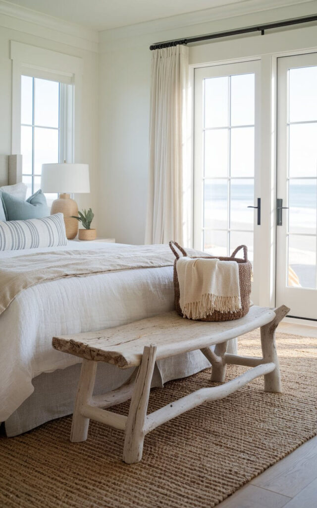 A serene coastal bedroom with a rustic driftwood bench at the foot of a cozy bed. The bench has a naturally weathered texture and organic shape, adding a relaxed, beachcombed aesthetic to the space. The bed is dressed in airy white linens with soft blue accent pillows, complementing the neutral, sandy tones of the driftwood. A woven jute rug beneath the bench enhances the earthy textures, while large, sunlit windows allow ocean breezes to fill the room. A simple woven basket with plush throw blankets sits on the bench, completing the effortless coastal elegance.