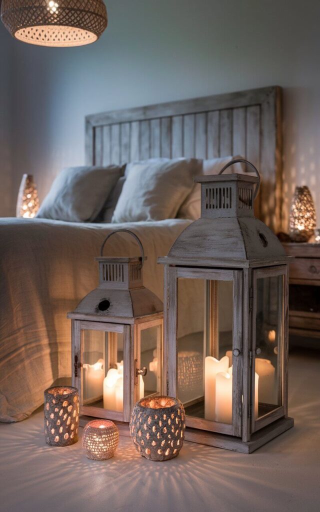 A photo of a tranquil coastal bedroom bathed in soft, flickering candlelight from a collection of lanterns and candle holders. The room has a cozy headboard bed with billowy linen bedding. There are a pair of large, weathered wooden lanterns on the floor, reflecting the warm glow within. Smaller seashell-adorned candle holders rest on a nearby nightstand. Above, a woven pendant light provides soft illumination. The gentle interplay of candlelight and ocean hues creates a peaceful, beachside sanctuary perfect for unwinding.