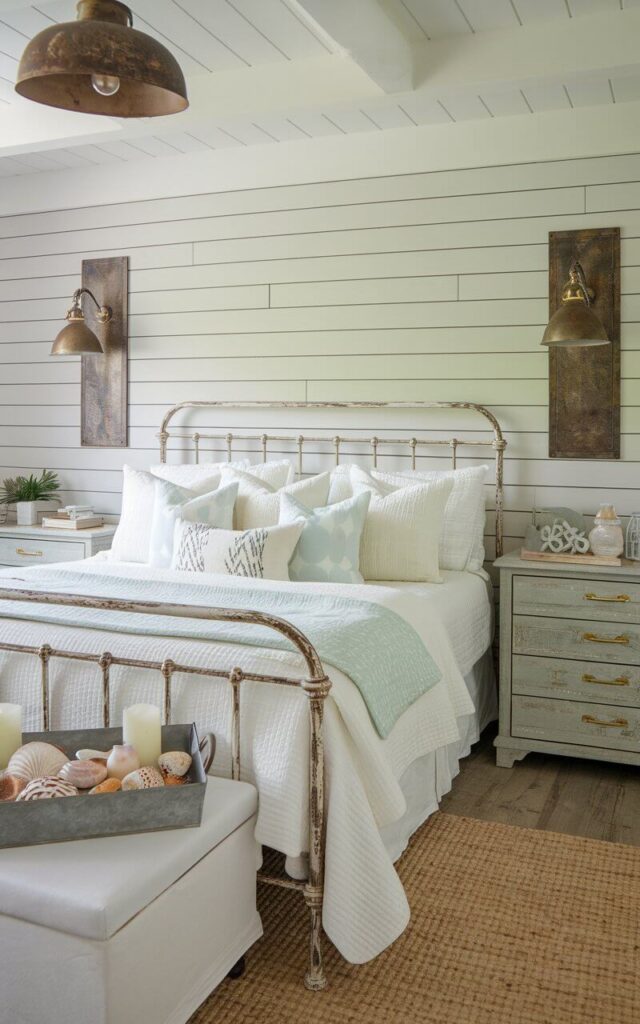 A charming coastal bedroom blending rustic and industrial elements with weathered metal accents. At the center, a very cozy headboard bed with soft white and seafoam bedding is complemented by vintage-style metal sconces mounted on a shiplap wall. A distressed iron bed frame in an antique white finish enhances the relaxed beachside aesthetic. The nightstands feature brushed brass handles, while a galvanized metal tray on top holds a collection of seashells and candles. A ceiling light with a rusted metal cage adds character, balancing the softness of the room with a touch of coastal industrial charm.