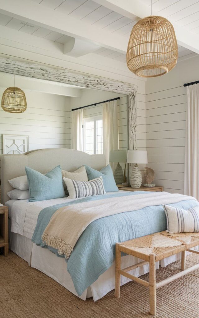 A coastal bedroom with an airy and light-filled atmosphere. The room features a large, distressed driftwood-framed statement mirror that enhances natural brightness. The mirror is positioned near a cozy headboard bed. The bed is adorned with ocean blue plush linen bedding in shades of seafoam and sand. The bed sits against a textured shiplap wall. A woven bench at the foot of the bed provides functional seating. Seashell decor and a rattan pendant light add coastal charm. The oversized mirror not only makes the space feel larger but also amplifies the breezy, relaxed atmosphere.