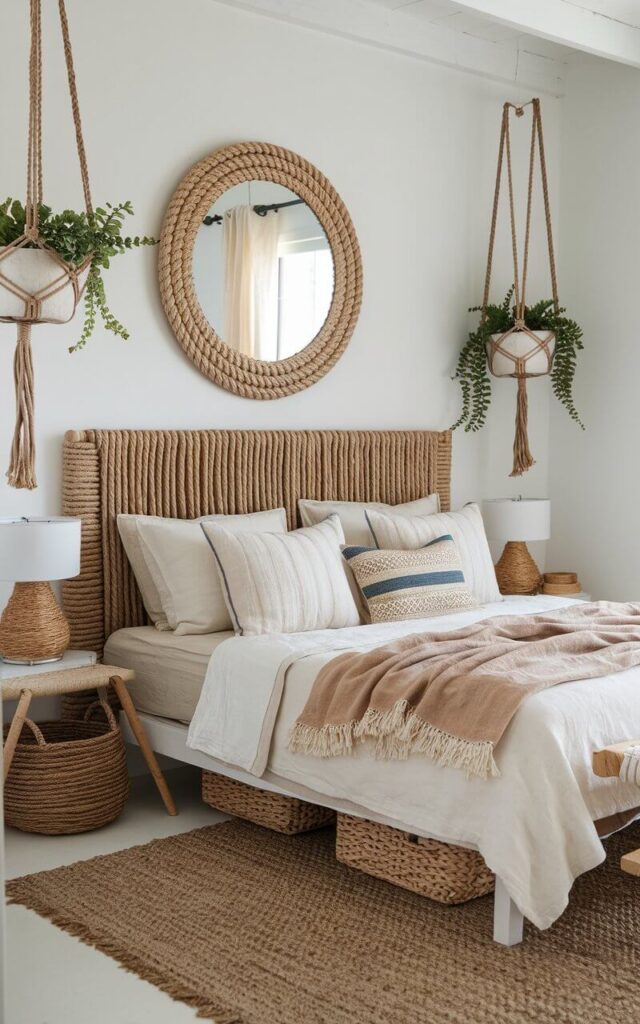 A coastal bedroom with a nautical feel, featuring a headboard bed with white and sandy-toned linen bedding. The headboard is wrapped in natural rope. There are rope-wrapped bedside lamps, a large circular mirror with a thick rope frame above the headboard, and jute baskets for storage beneath the bed. A woven jute rug anchors the space. Hanging macrame plant holders with greenery add an earthy, organic touch.