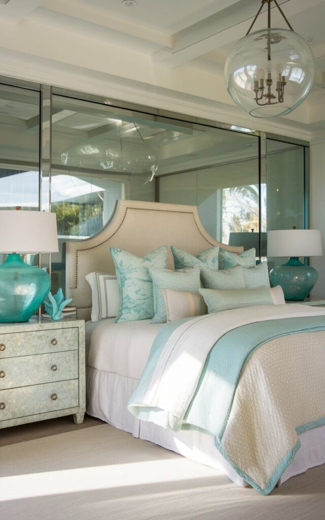 A photo of an elegant coastal bedroom with a delicate glass and sea glass accents. There is a cozy headboard bed with white and light blue bedding in the center. The nightstands have large sea glass vases in soft turquoise hues. A glass pendant light hangs overhead, reflecting natural sunlight and casting a subtle shimmer throughout the room. The transparent and light-reflecting elements create an open, airy, and serene atmosphere.