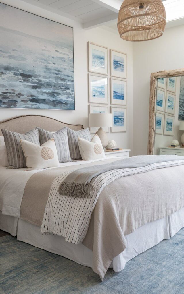 A photo of an oversized large artfully designed coastal bedroom with serene ocean-inspired artwork. Above a very cozy bed, there is a large oversized ocean artwork. The bedding, in coordinating hues, features soft linen sheets, textured throw blankets, and decorative pillows with seashell embroidery. Smaller framed watercolor prints of seascapes and marine life are arranged on the adjacent wall, reinforcing the coastal theme. A driftwood-framed mirror reflects light, enhancing the airy atmosphere. A soft blue area rug and a woven pendant light complete the space, immersing it in seaside tranquility.