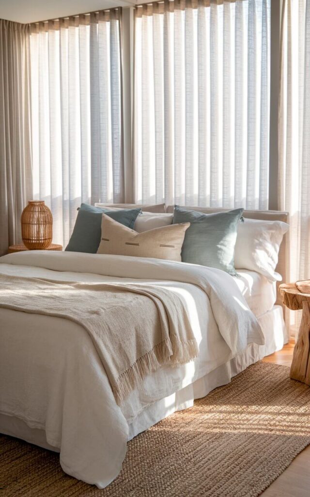 A photo of an ethereal coastal bedroom bathed in natural light. The room has a cozy bed with crisp white bedding, a delicate woven throw, and plush pillows in muted blue and beige tones. The room also has a woven jute rug and subtle wooden elements, including a bedside table with a driftwood lamp. The floor-to-ceiling window curtains, made of lightweight linen, allow sunlight to filter in, casting a soft glow across the room.