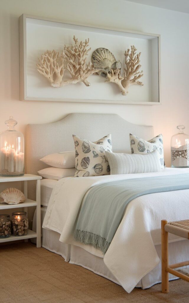 A photo of a tranquil coastal bedroom with delicate coral and shell accents. The room is centered around a cozy headboard bed dressed in soft white linens, seashell-patterned pillows, and a light blue throw blanket. On the nightstands, glass jars filled with sand and seashells add a touch of seaside charm. Above the bed, a framed shadow box displays an elegant arrangement of coral and driftwood. Soft candlelight flickers from a seashell-shaped holder, casting a warm, serene glow. A woven rug and natural wood furniture complete the effortlessly coastal aesthetic.