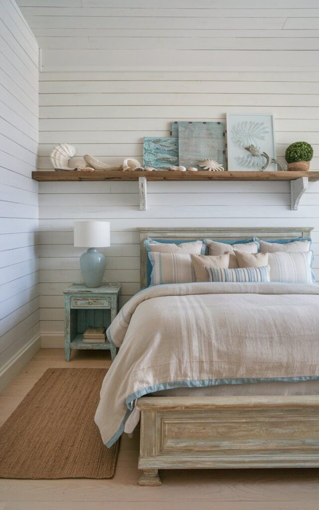 A photo of a coastal bedroom with a cozy bed and a distressed wood frame. The walls are whitewashed shiplap. The bedding is a soft linen and beach blue hue in neutral sand tones. A jute runner is placed on the light wood flooring. The room has a rustic wooden shelf above the bed, displaying seashell decor, coastal artwork, and a small potted plant. A plain blue nightstand lamp is placed on a destressed nightstand.