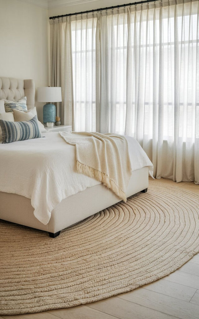 A photo of a coastal bedroom with a large, textured rug under a plush, cozy headboard bed. The bed is dressed in crisp white linens and features ocean-blue throw pillows and a woven blanket. Beneath the bed, there is a large, cream-colored jute area rug that provides a soft contrast against the light wood flooring. The rug has a subtle wave-like pattern that echoes the movement of the ocean, enhancing the coastal aesthetic. Sheer curtains flutter gently in the window, allowing natural light to flood the space.