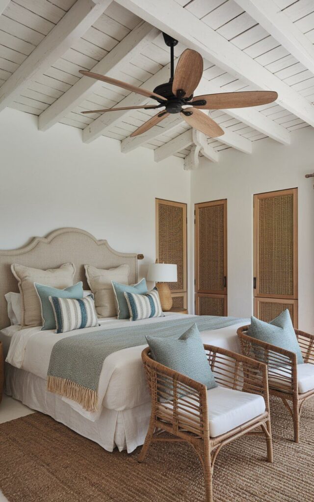 A coastal bedroom with a white-washed wooden ceiling and wooden beams. A driftwood-style ceiling fan with wooden blades hangs above a cozy headboard bed. The bed has soft linen sheets and decorative pillows in coastal blues and sandy tones. Next to the bed, there are woven rattan chairs and a textured jute rug on the floor. The overall room has a beachy feel and is kept cool by the ceiling fan.