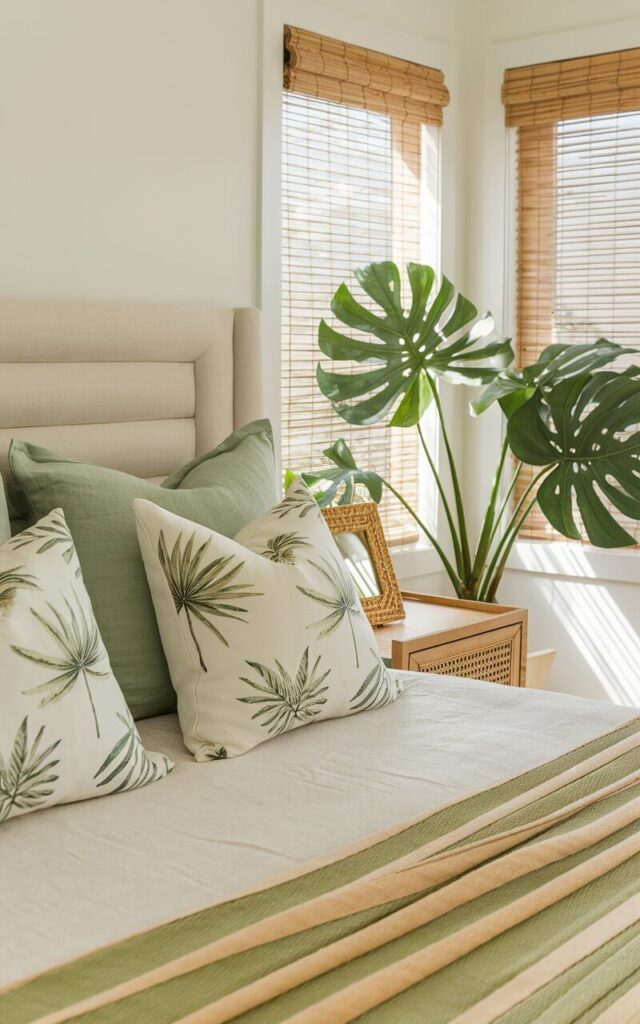 A vibrant yet soothing coastal bedroom infused with subtle tropical elements that enhance the relaxed beachside feel. A very cozy headboard bed with lightweight linen bedding is adorned with tropical-inspired accent pillows featuring delicate palm and banana leaf prints. A potted monstera plant in the corner adds a lush, fresh touch, while bamboo blinds filter in natural sunlight. The nightstands feature small rattan-framed mirrors. The combination of soft neutral tones with lively green accents creates a balanced, tropical-meets-coastal ambiance, offering a perfect getaway vibe in the comfort of home.