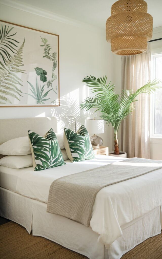 A vibrant coastal bedroom infused with tropical energy through botanical and palm print accents. The room's focal point is a very cozy headboard bed dressed in crisp white sheets, layered with decorative pillows featuring lush green palm leaves. Above the bed, a framed oversized large botanical print showcases delicate ferns and tropical flora, enhancing the fresh, breezy vibe. A large potted palm in the corner brings a touch of nature indoors, while a woven pendant light casts warm, dappled shadows. The window has soft linen curtains in neutral tones, complete the look, allowing sunlight to filter in and enhance the relaxed, tropical ambiance.