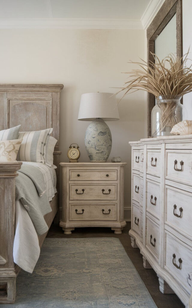 A photo of a charming coastal bedroom with vintage elegance. The room has distressed wood furniture. In the center, a cozy bed with a weathered wooden headboard is adorned with soft linen bedding in muted ocean hues. A whitewashed dresser with antique brass handles adds rustic appeal, decorated with a ceramic seashell lamp and a vintage-style clock. The nightstands, slightly worn and full of character, hold small glass vases filled with dried beachgrass. A faded blue area rug complements the aged wood tones, creating a beautifully layered and nostalgic beachside retreat with timeless coastal charm.