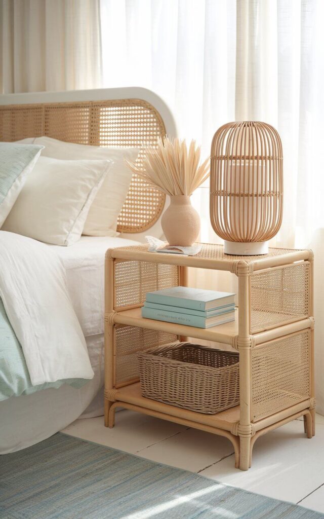 A photo of a bright and airy coastal bedroom with a stylish wicker nightstand. The room has a cozy bed with soft white and pastel blue bedding. On the nightstand, there's a small ceramic vase with dried beachgrass and a rattan-framed lamp. Beneath the nightstand, there's a stack of pastel blue books and a woven basket for storage. The room is filled with soft natural light, highlighting the interplay of textures between the rattan furniture, breezy curtains, and a lightly distressed wooden floor.